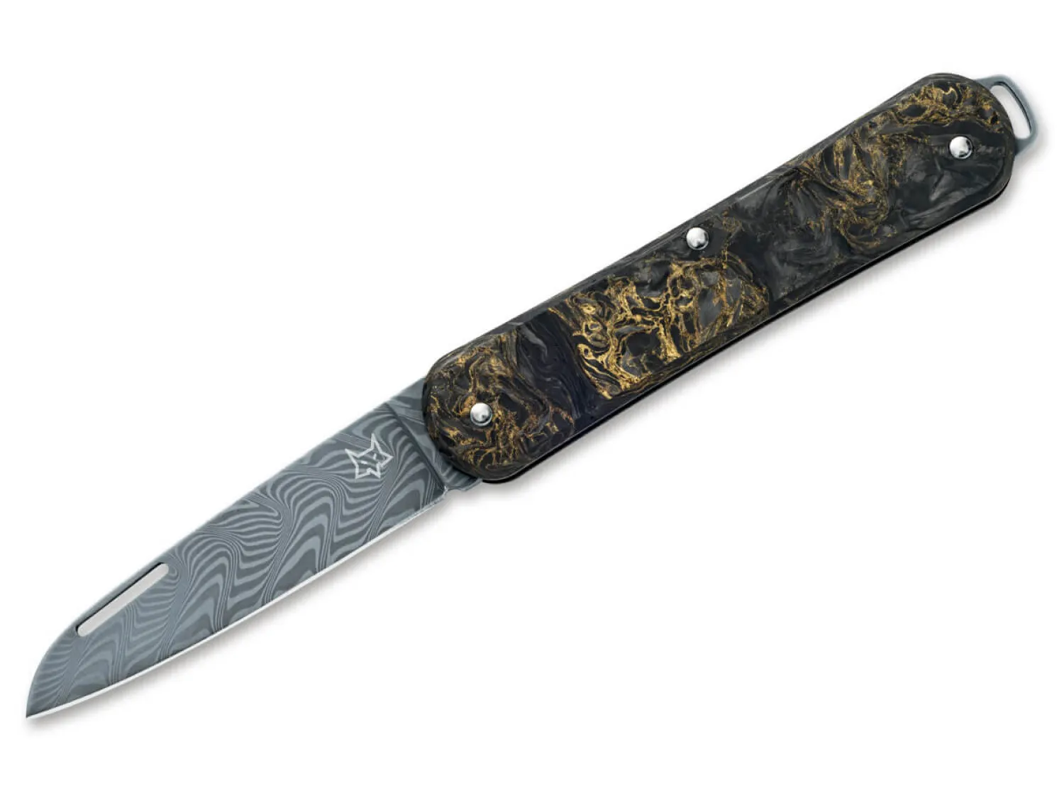 Fox Knives Vulpis 130 Limited Dark Matter Gold CF Damascus